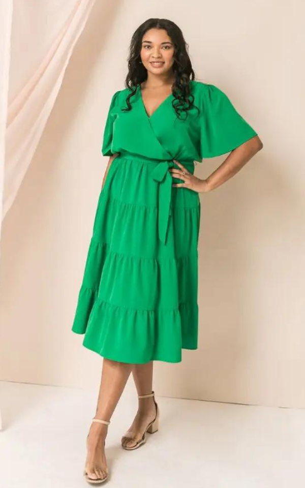 Curve* Wrap Tiered Midi Dress - Green ...